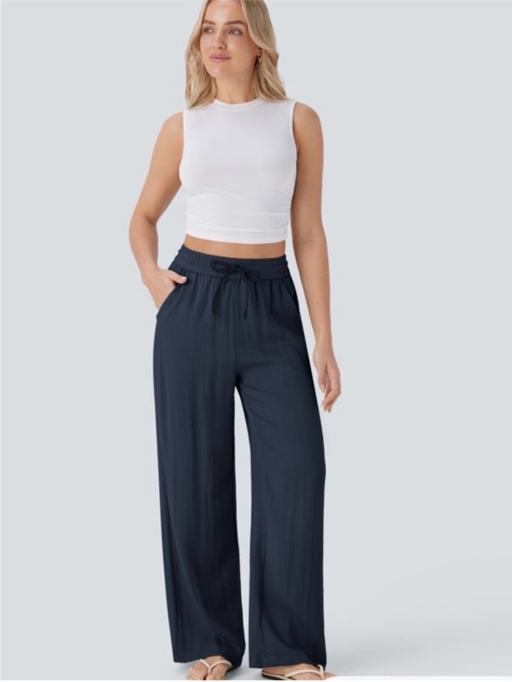 HALARA Navy (S/Petite) Elastic-Waist Wide Leg Linen Pants